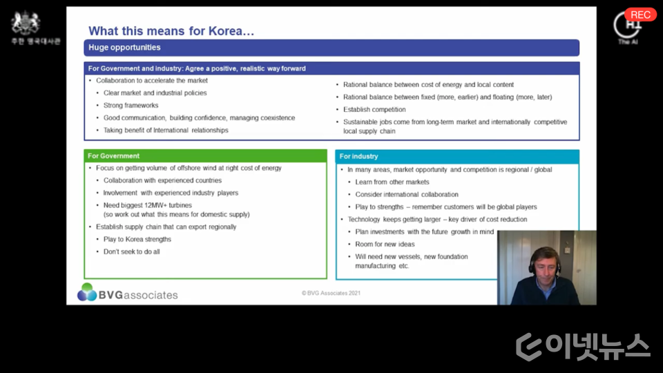 BVG Associates의 Bruce Valpy 전무이사가 글로벌 해상풍력발전 동향과 최신 기술 현황이 한국시장에 갖는 함의에 대해 발표하고 있다. (사진=주한영국대사관 줌 화면 캡쳐)