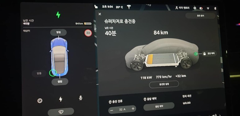 슈퍼차저로 충전 중인 테슬라. (사진=이넷뉴스 독자 제공)