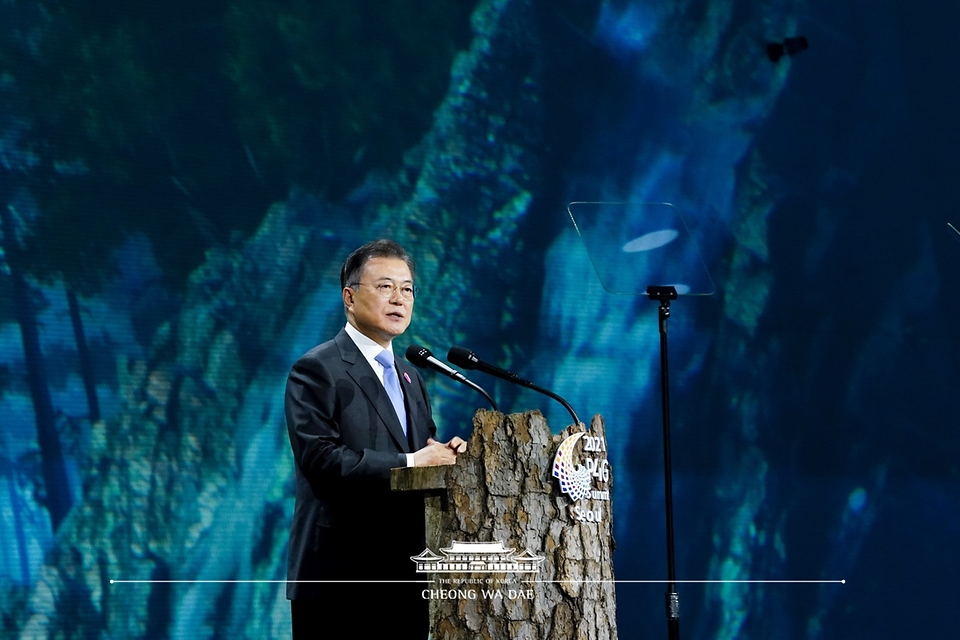 문재인 대통령이 5월 30일 오후 서울 동대문디자인플라자에서 열린 ‘2021 P4G 서울 녹색미래 정상회의’ 개회식에서 개회사를 하고 있다. (사진=청와대)