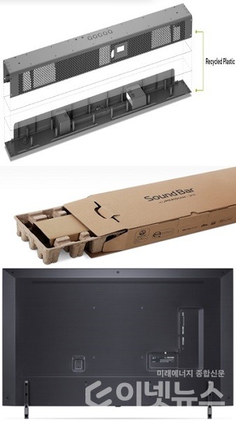 LG전자는 사운드바 본체와 포장재, QNED MiniLED(위부터) 등에 들어가는 플라스틱을 재생원료 및 종이 완충재를 사용한다. (사진=환경부)