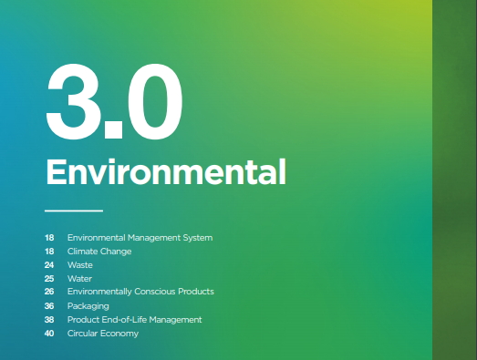 이넷뉴스가 확보한 레노버의 지속경영가능보고서의 일부다. 3.0 Environmental이라는 제목으로 시작하는 2026년 90% 재생에너지 조달 목표를 선언할 예정이다.. (사진=레노버의 지속가능경영보고서의 일부)