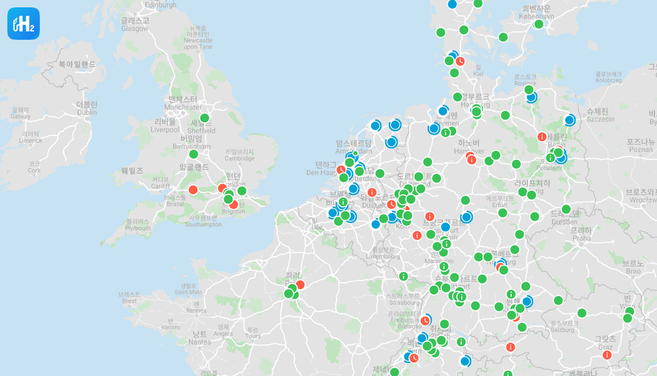 H2 모빌리티의 수소 충전소 지도. 초록색은 운영 중, 빨간색은 중단, 파란색은 구축 중이란 뜻이다. (캡처=H2 모빌리티)