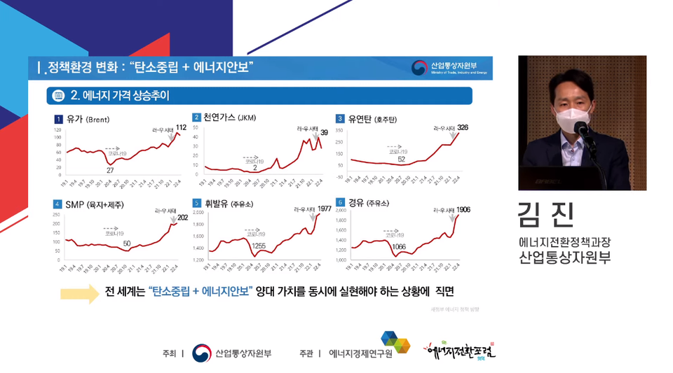 산업부 김진 에너지전환정책과장이 새정부 에너지 정책방향을 발표하고 있다. (사진=에너지경제연구원 유튜브 갈무리)