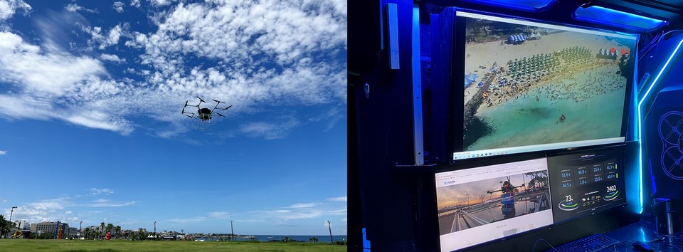 (왼쪽부터)DMI 수소드론이 피서객 안전 모니터링을 위해 이륙하고 있는 모습, DMI 수소드론에 카메라를 장착하고 촬영한 제주도 함덕해수욕장 해안가 모니터링 화면. (사진=DMI 제공)