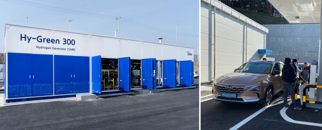 (왼쪽부터)충주 바이오 그린수소 충전소에 설치된 현대로템 수소추출기와 현대로템수소추출기가 설치된 삼척수소충전소. (사진=현대로템 제공)