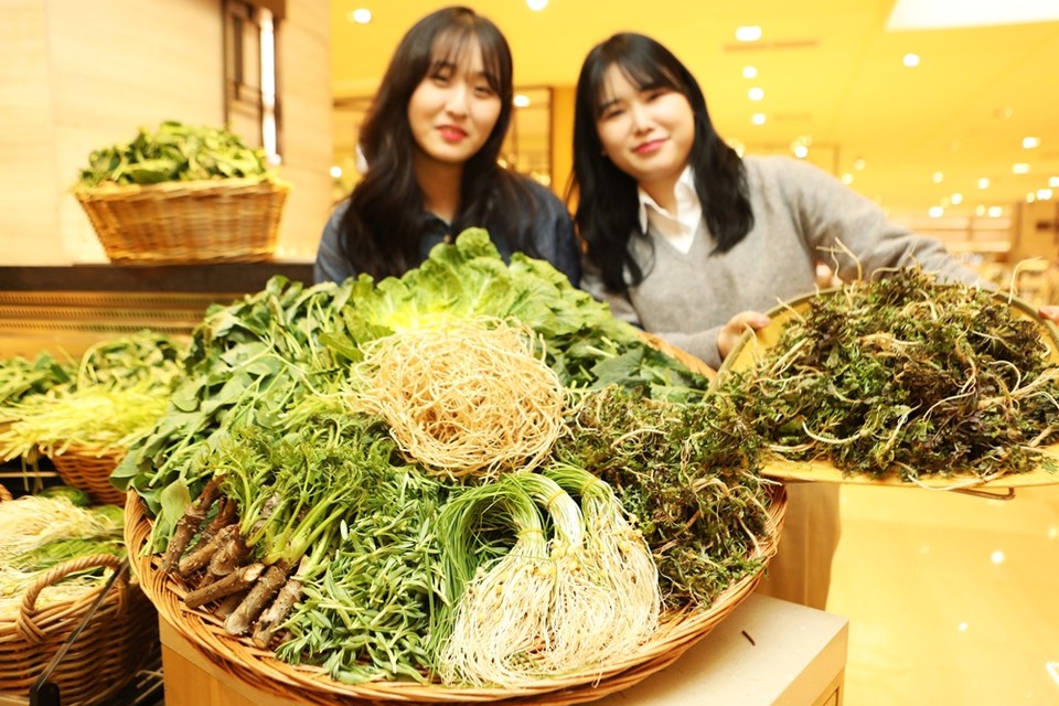 15일 서울 중구 소공동에 위치한 롯데백화점 본점 지하 1층 식품 매장에서 모델들이 봄나물 할인 행사를 홍보하는 모습. (사진=롯데백화점 제공)