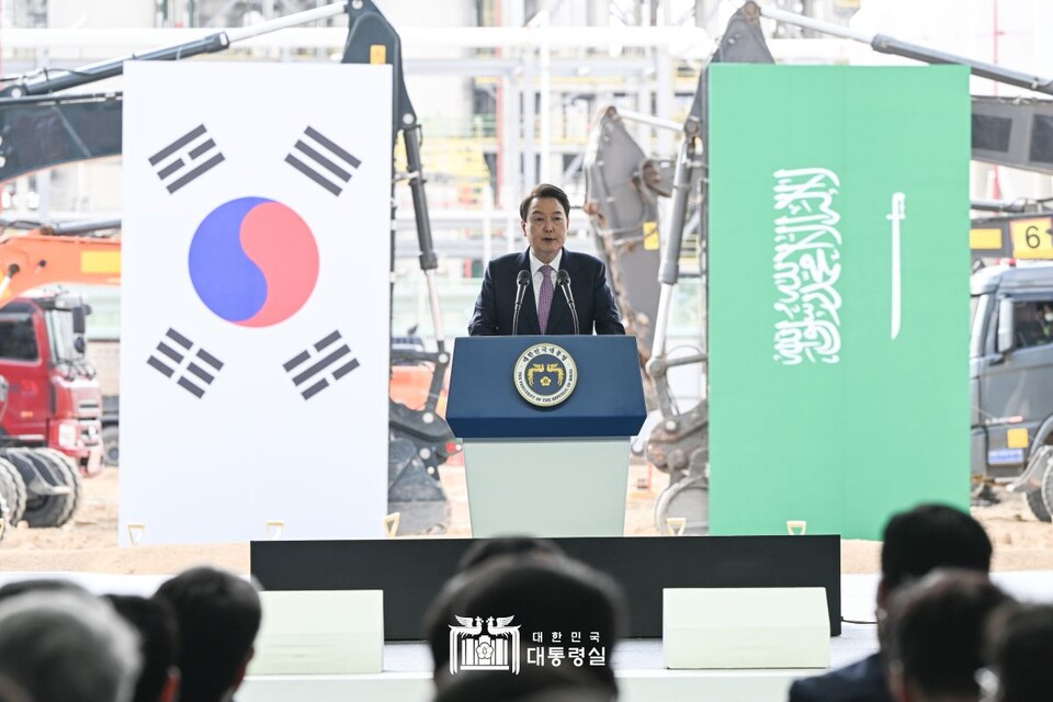 윤석열 대통령이 샤흔프로젝트 기공식에 참석해 축사를 하고 있다. (사진=제공)