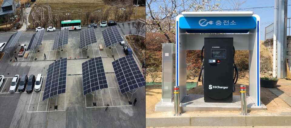 (왼쪽부터)포천도시공사 주자장 태양광발전소(100kW) 및 전기차충전시설(100kW). (사진=경기도 제공)