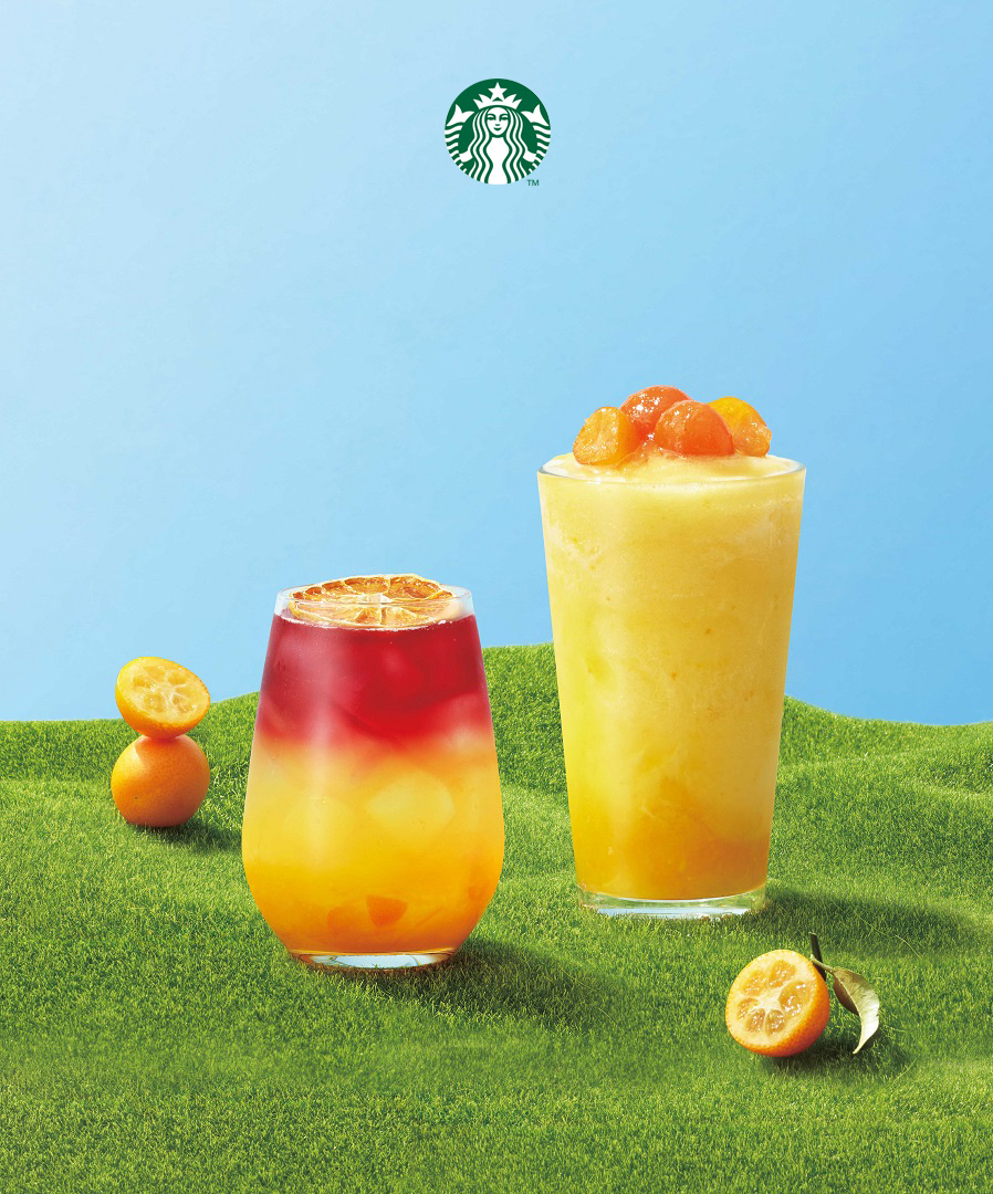 ‘제주 금귤 패션 티’와 ‘제주 금귤 듬뿍 블렌디드’. (사진=스타벅스 제공)