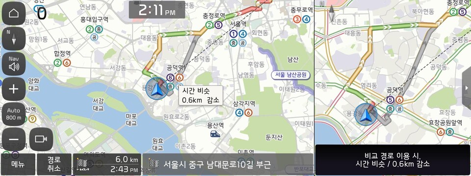 현대오토에버가 업데이트한 비교경로 안내 화면. (사진=현대오토에버 제공)