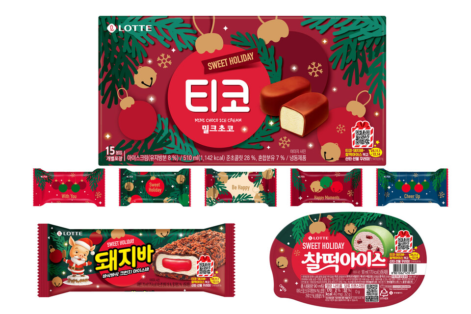  ‘크리스마스 에디션’ 아이스크림 3종(티코 밀크초코, 돼지바, 찰떡아이스). (사진=롯데웰푸드제공)